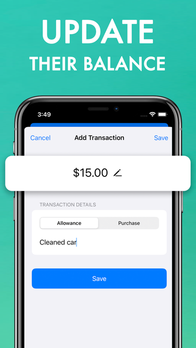 Allowance Tracker transaction history showing allowance deposits and purchases