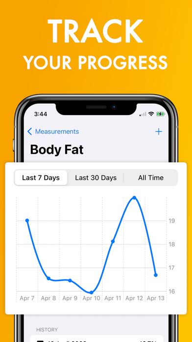 Body measurement dashboard showing weight, waist, and body fat